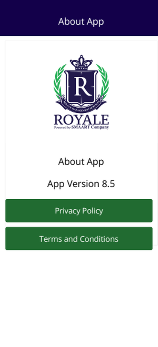 Royale owner portal app — About App screen with app version, Privacy Policy and Terms