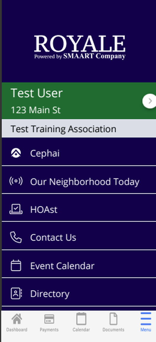 Royale owner portal app — resident dashboard with neighborhood feed, payments, documents, event calendar, directory and contact